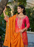 Anaita Orange Chinon Stitched Plazzo Suit With Digital Printed & Hand Work | Grocsy