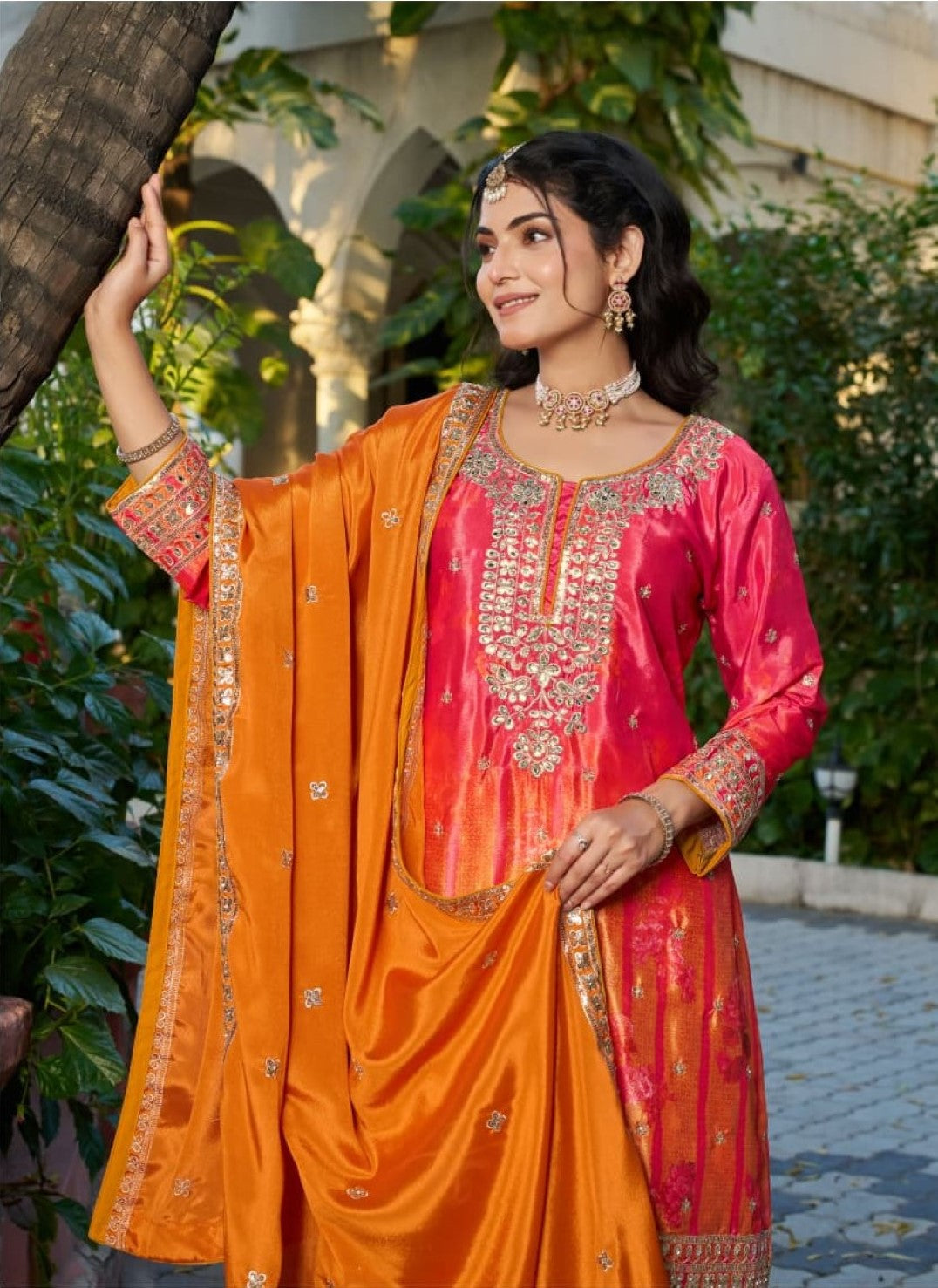 Anaita Orange Chinon Stitched Plazzo Suit With Digital Printed & Hand Work | Grocsy
