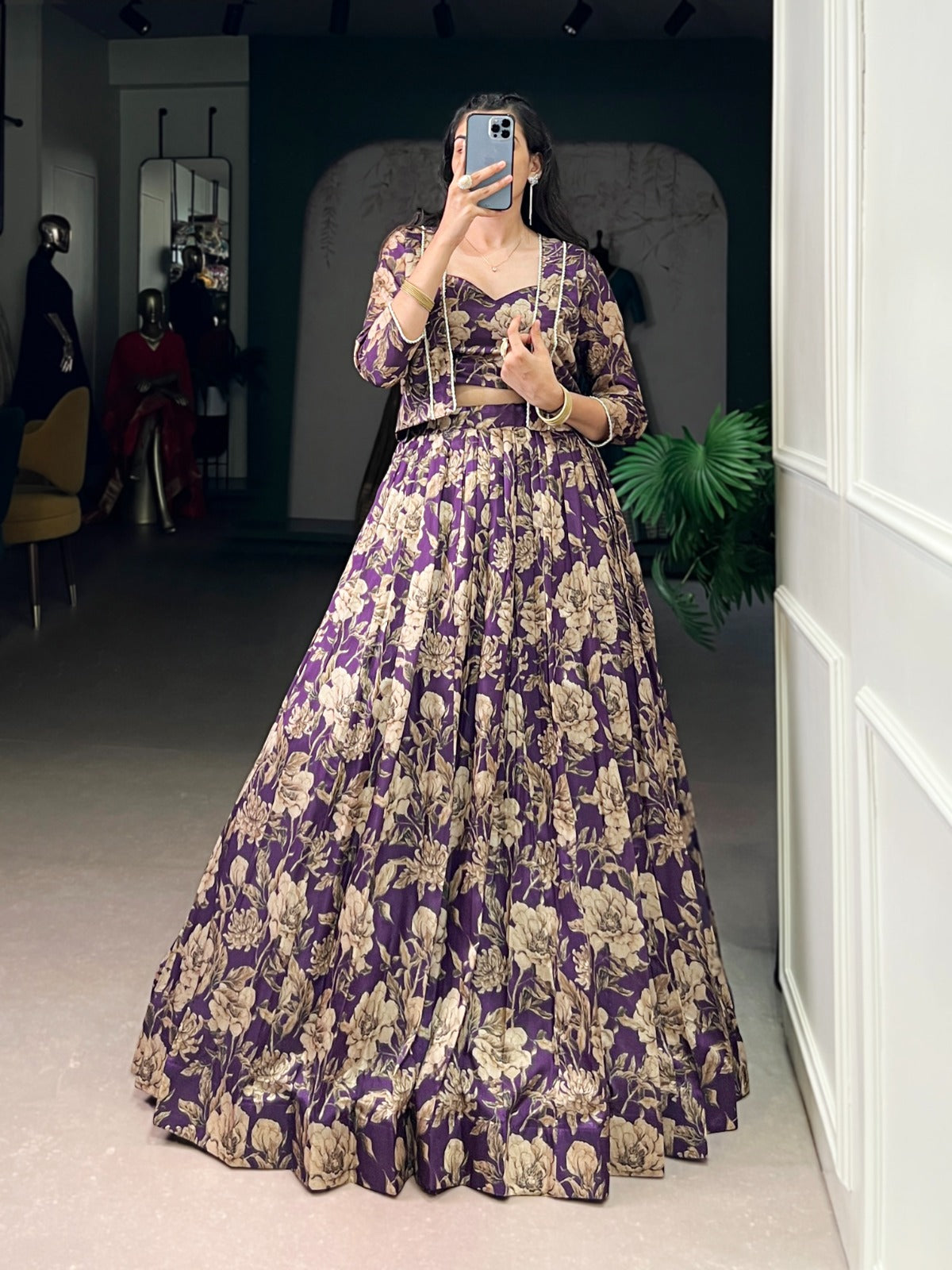Lorenvalley Fashion Viovet Tasar Silk Floral Print Lehenga Choli with Koti | Grocsy