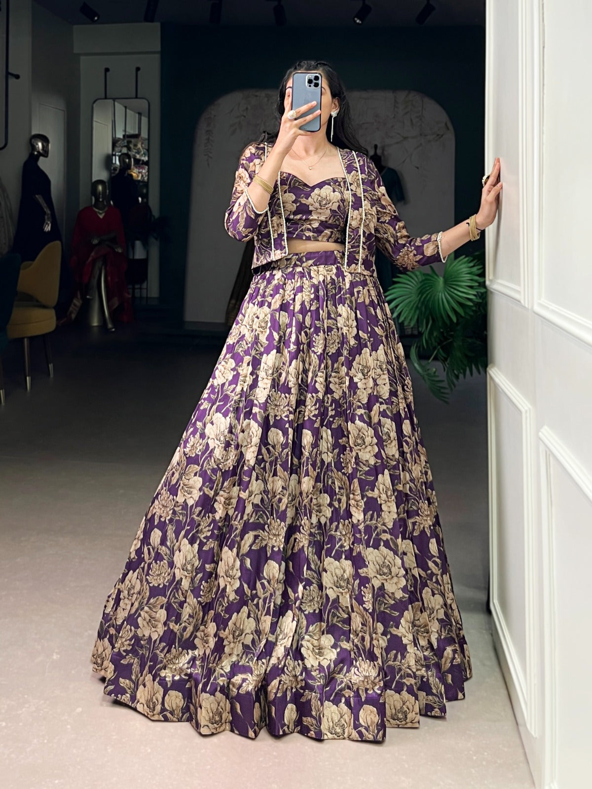 Lorenvalley Fashion Viovet Tasar Silk Floral Print Lehenga Choli with Koti | Grocsy