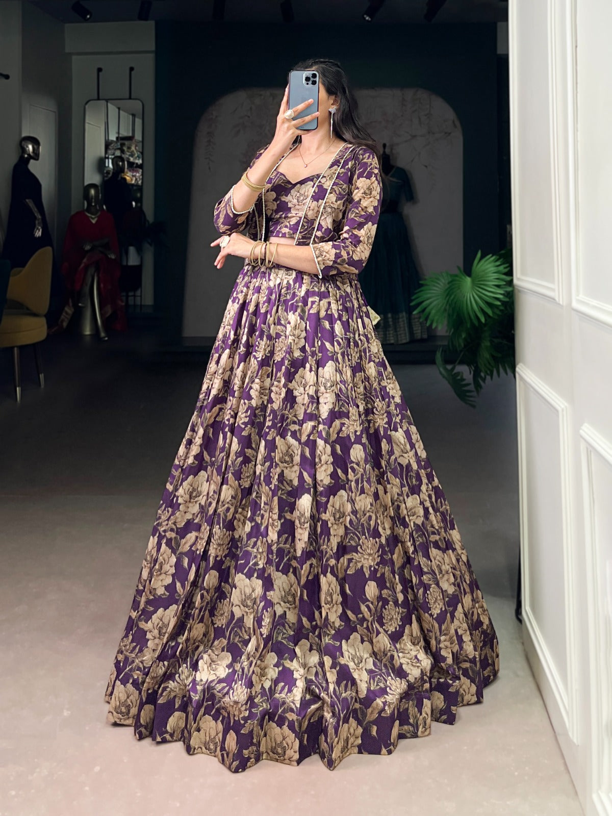 Lorenvalley Fashion Viovet Tasar Silk Floral Print Lehenga Choli with Koti | Grocsy