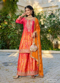 Anaita Orange Chinon Stitched Plazzo Suit With Digital Printed & Hand Work | Grocsy