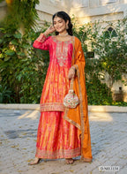Anaita Orange Chinon Stitched Plazzo Suit With Digital Printed & Hand Work | Grocsy