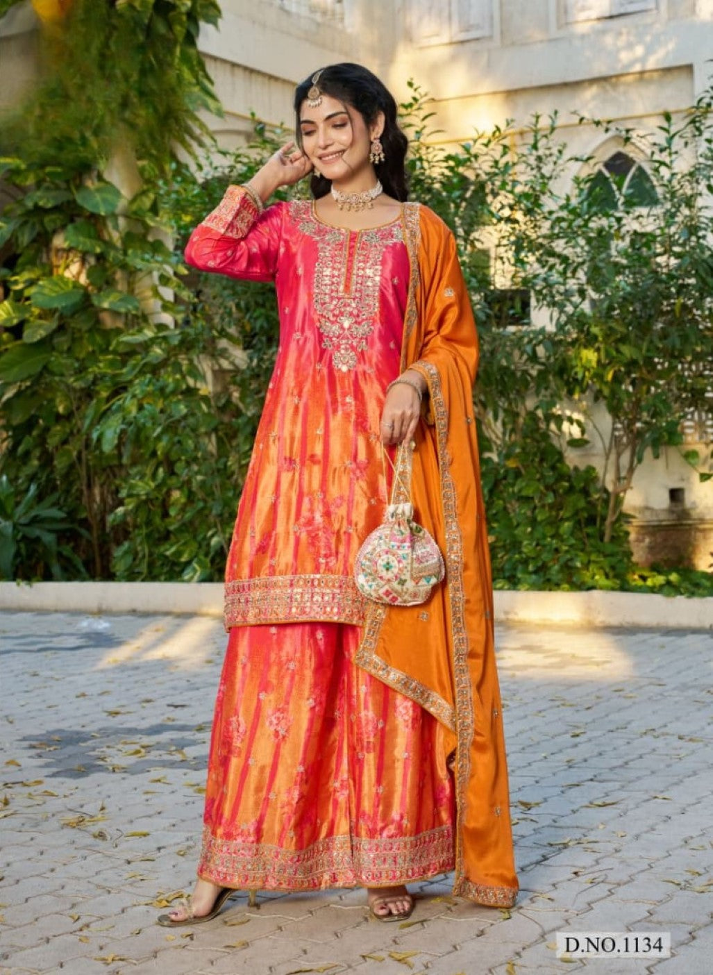 Anaita Orange Chinon Stitched Plazzo Suit With Digital Printed & Hand Work | Grocsy