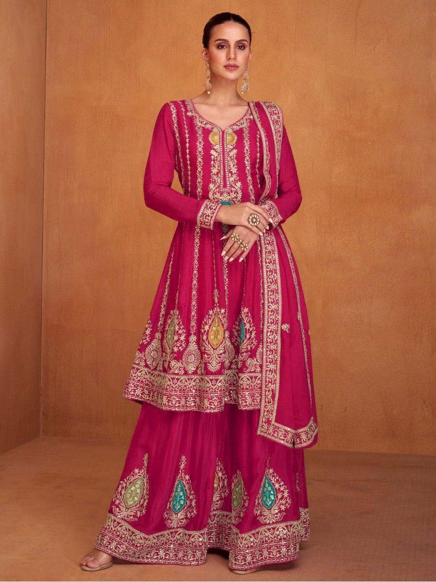 Lorenvalley Magenta Chinon Embroidery With Sequince Work Salwar Kameez Stitched | Grocsy