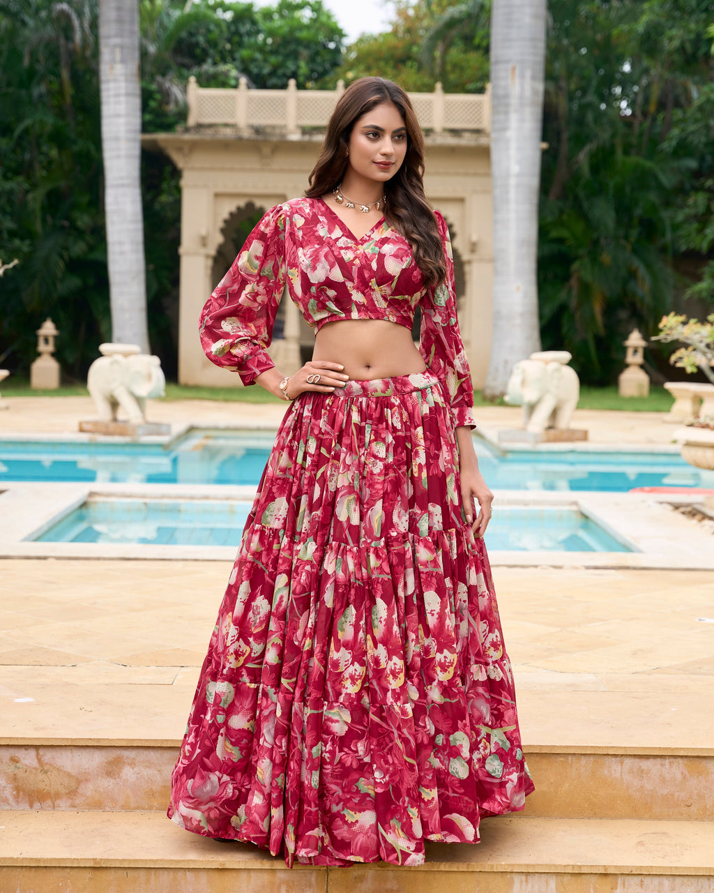 Lorenvalley Maroon Georgette Chex beautiful Floral Print ethnic Co-ord Set | Grocsy