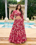 Lorenvalley Maroon Georgette Chex beautiful Floral Print ethnic Co-ord Set | Grocsy