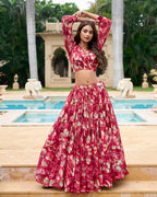 Lorenvalley Maroon Georgette Chex beautiful Floral Print ethnic Co-ord Set | Grocsy