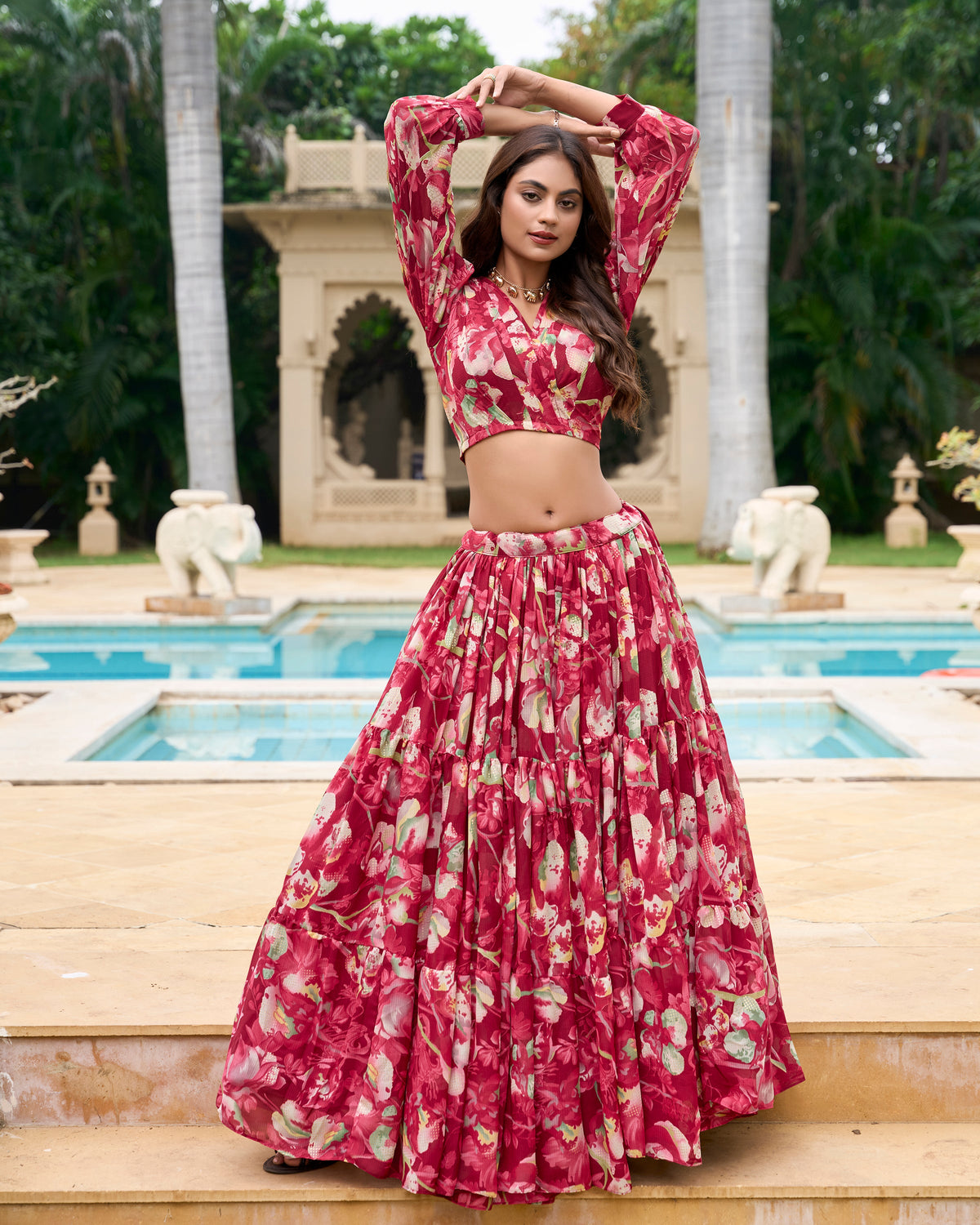 Lorenvalley Maroon Georgette Chex beautiful Floral Print ethnic Co-ord Set | Grocsy