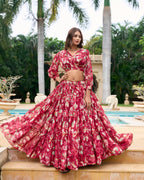 Lorenvalley Maroon Georgette Chex beautiful Floral Print ethnic Co-ord Set | Grocsy