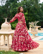 Lorenvalley Maroon Georgette Chex beautiful Floral Print ethnic Co-ord Set | Grocsy