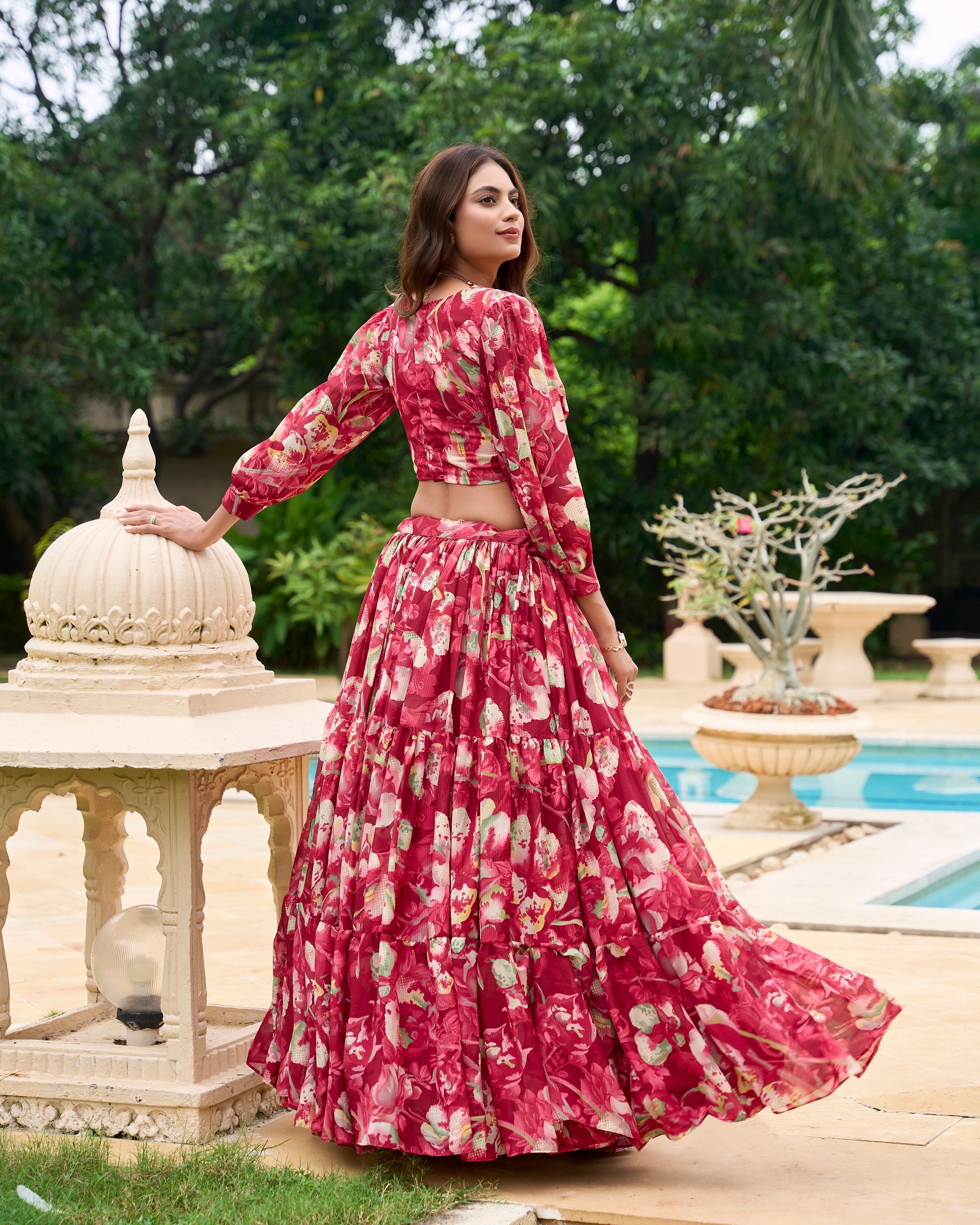 Lorenvalley Maroon Georgette Chex beautiful Floral Print ethnic Co-ord Set | Grocsy