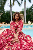 Lorenvalley Maroon Georgette Chex beautiful Floral Print ethnic Co-ord Set | Grocsy