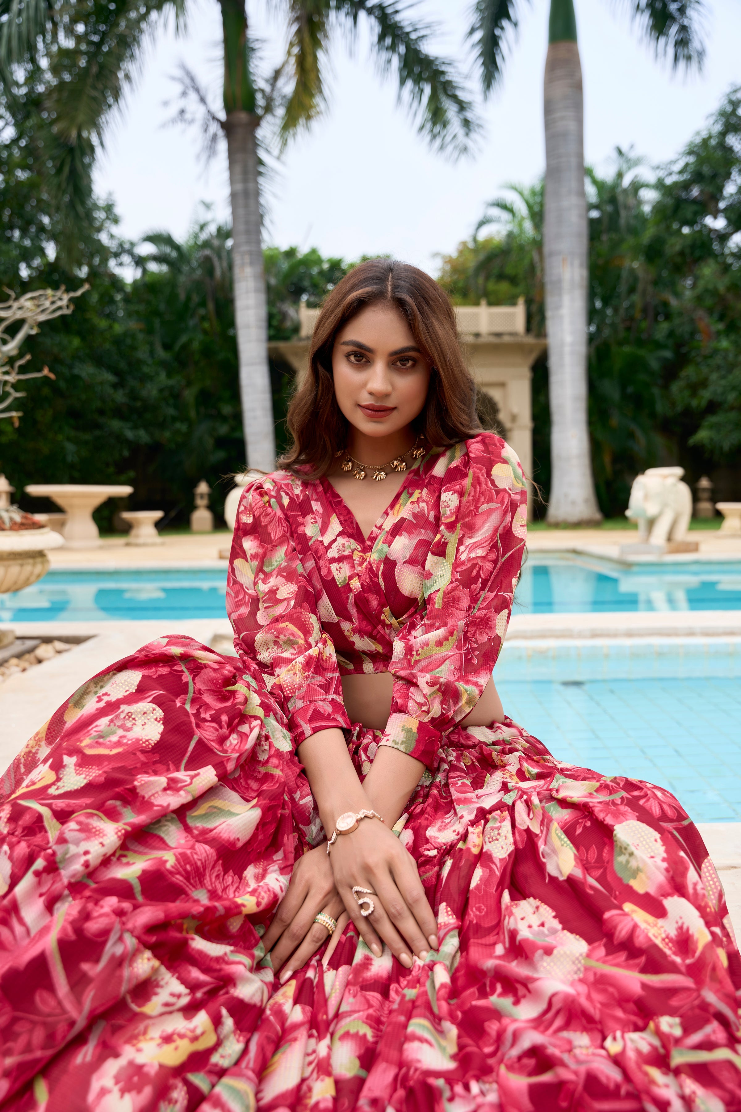 Lorenvalley Maroon Georgette Chex beautiful Floral Print ethnic Co-ord Set | Grocsy