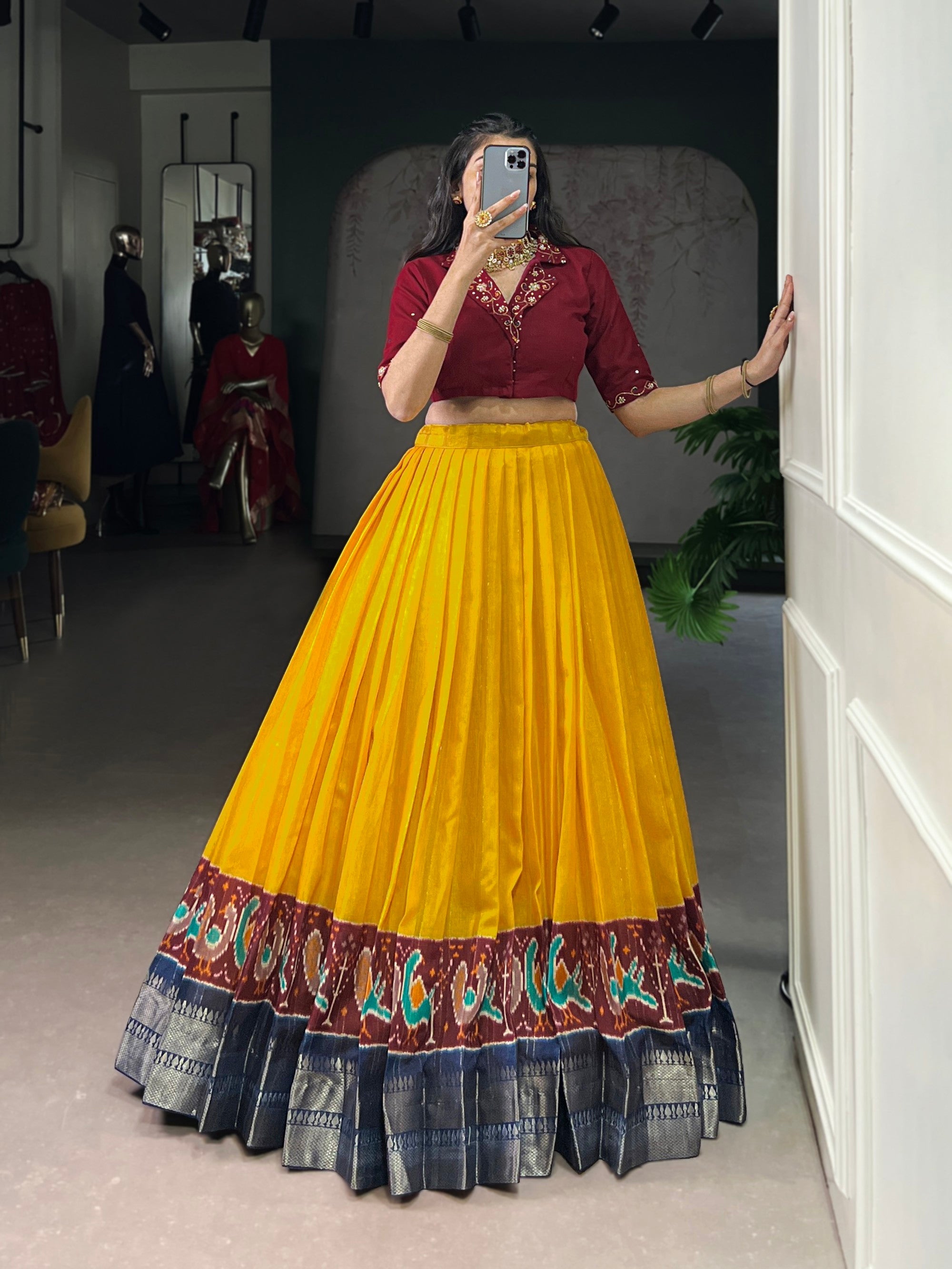 Lorenvalley Fashion Mustard Poly Cotton Printed With Zari Weaving Lehenga Choli | Grocsy