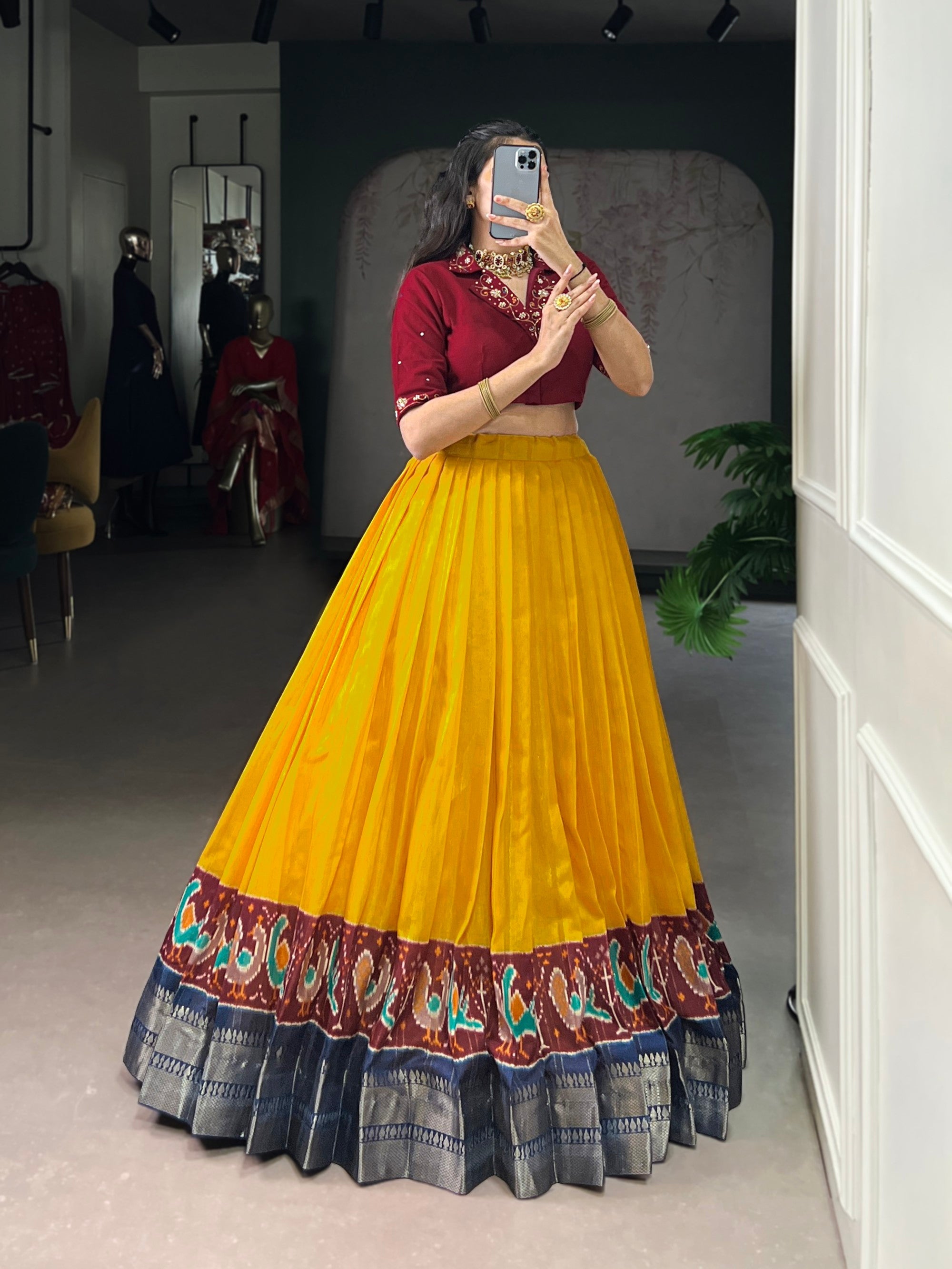 Lorenvalley Fashion Mustard Poly Cotton Printed With Zari Weaving Lehenga Choli | Grocsy