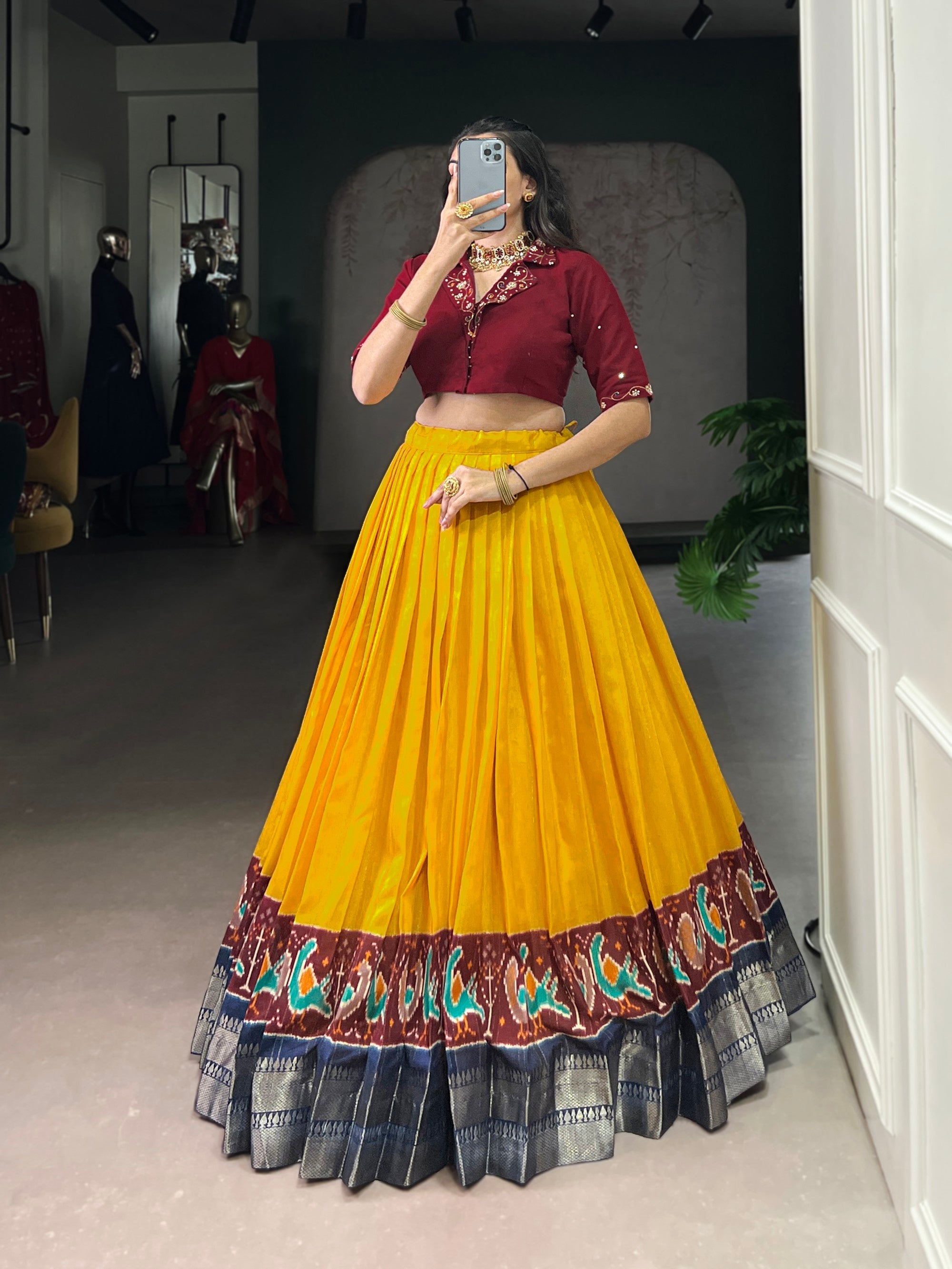 Lorenvalley Fashion Mustard Poly Cotton Printed With Zari Weaving Lehenga Choli | Grocsy
