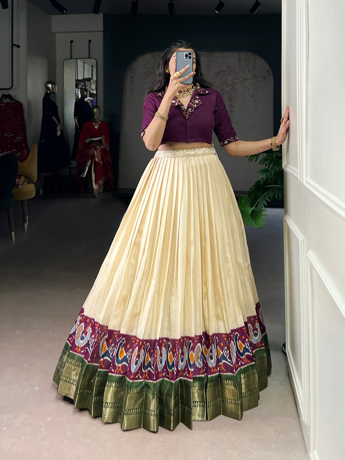Lorenvalley Fashion Offwhite Poly Cotton Printed With Zari Weaving Lehenga Choli | Grocsy