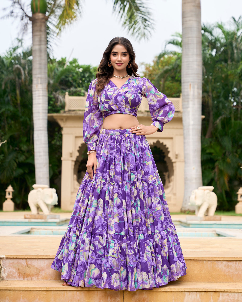 Lorenvalley Purple Georgette Chex beautiful Floral Print ethnic Co-ord Set | Grocsy