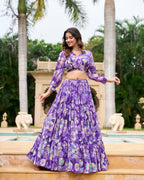 Lorenvalley Purple Georgette Chex beautiful Floral Print ethnic Co-ord Set | Grocsy