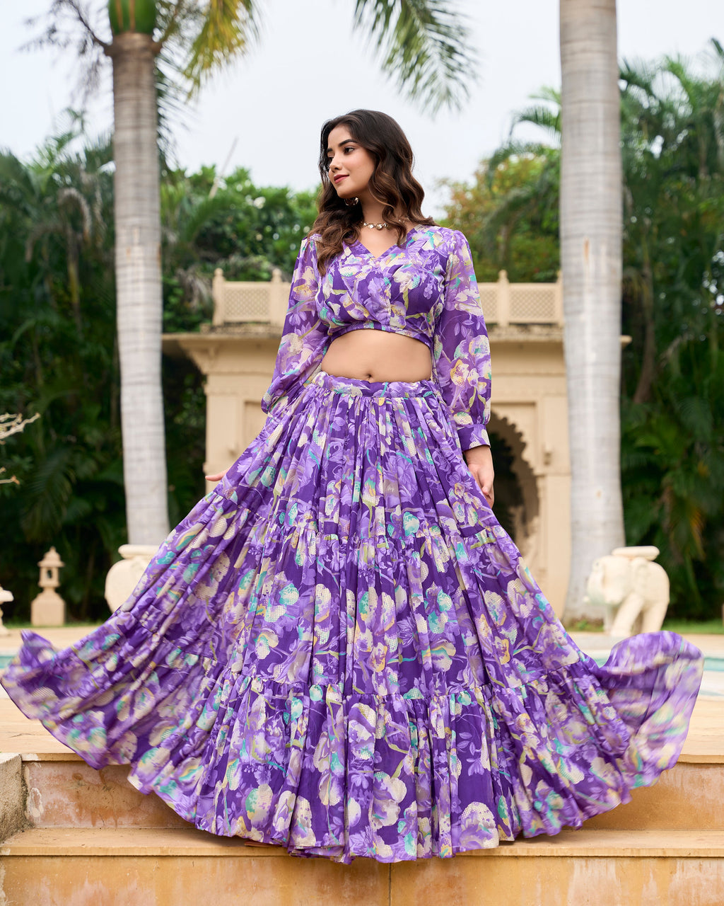 Lorenvalley Purple Georgette Chex beautiful Floral Print ethnic Co-ord Set | Grocsy
