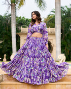 Lorenvalley Purple Georgette Chex beautiful Floral Print ethnic Co-ord Set | Grocsy