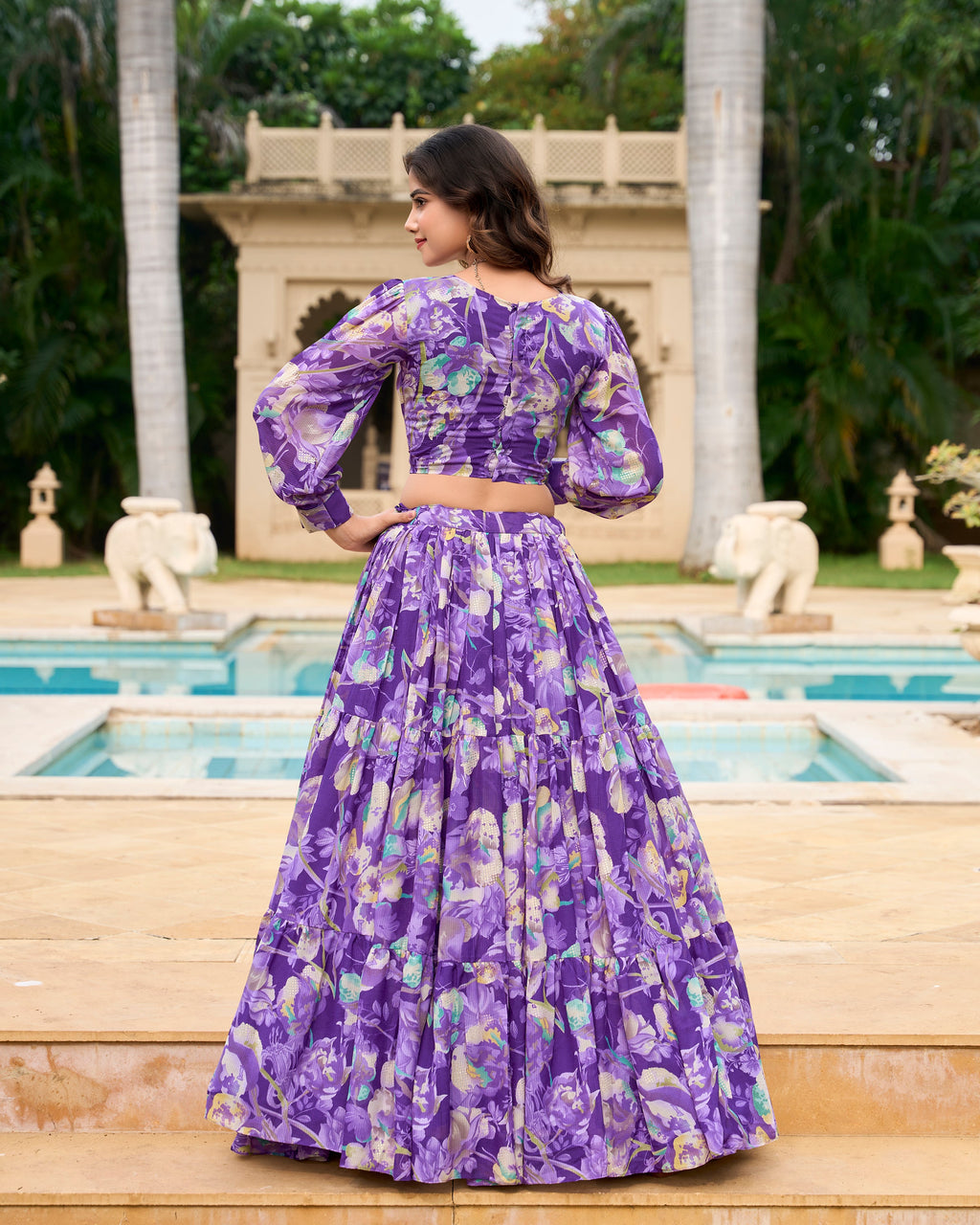Lorenvalley Purple Georgette Chex beautiful Floral Print ethnic Co-ord Set | Grocsy