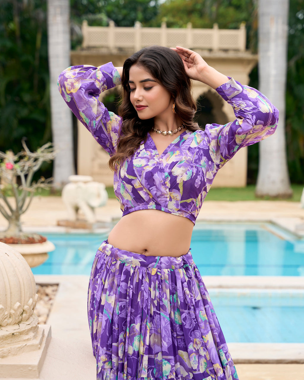 Lorenvalley Purple Georgette Chex beautiful Floral Print ethnic Co-ord Set | Grocsy