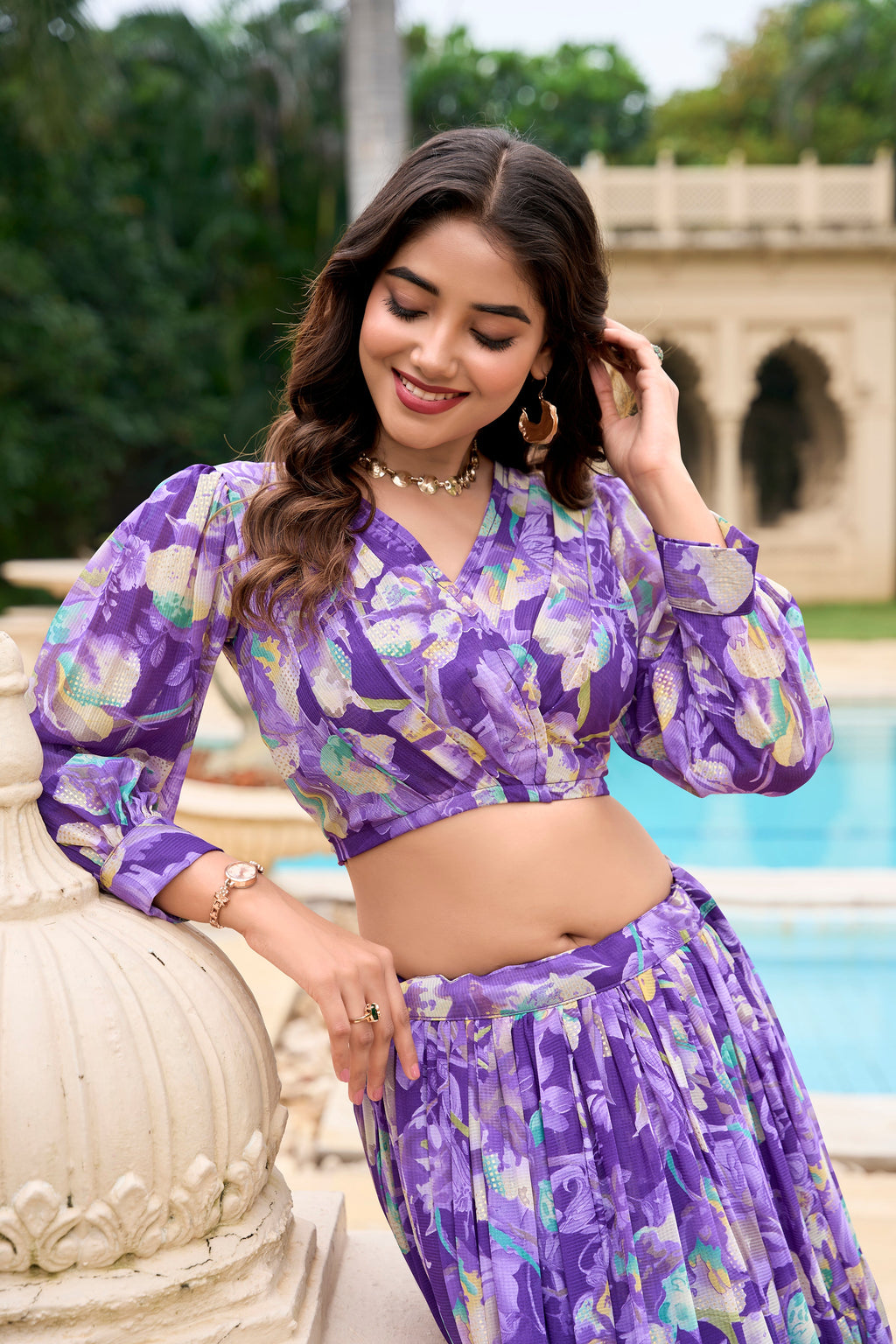 Lorenvalley Purple Georgette Chex beautiful Floral Print ethnic Co-ord Set | Grocsy