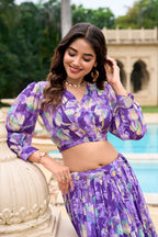 Lorenvalley Purple Georgette Chex beautiful Floral Print ethnic Co-ord Set | Grocsy