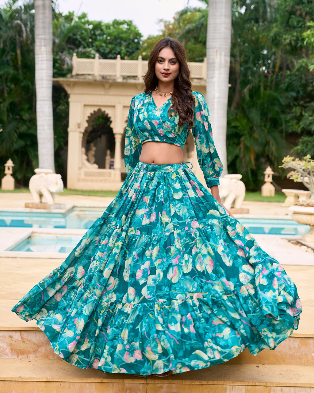 Lorenvalley Teal Georgette Chex beautiful Floral Print ethnic Co-ord Set | Grocsy