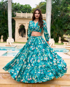 Lorenvalley Teal Georgette Chex beautiful Floral Print ethnic Co-ord Set | Grocsy