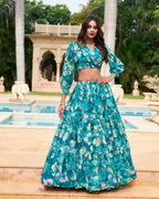Lorenvalley Teal Georgette Chex beautiful Floral Print ethnic Co-ord Set | Grocsy