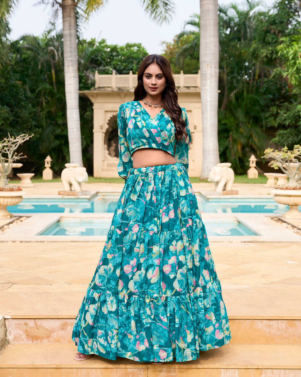 Lorenvalley Teal Georgette Chex beautiful Floral Print ethnic Co-ord Set | Grocsy
