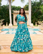 Lorenvalley Teal Georgette Chex beautiful Floral Print ethnic Co-ord Set | Grocsy