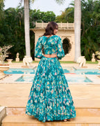 Lorenvalley Teal Georgette Chex beautiful Floral Print ethnic Co-ord Set | Grocsy