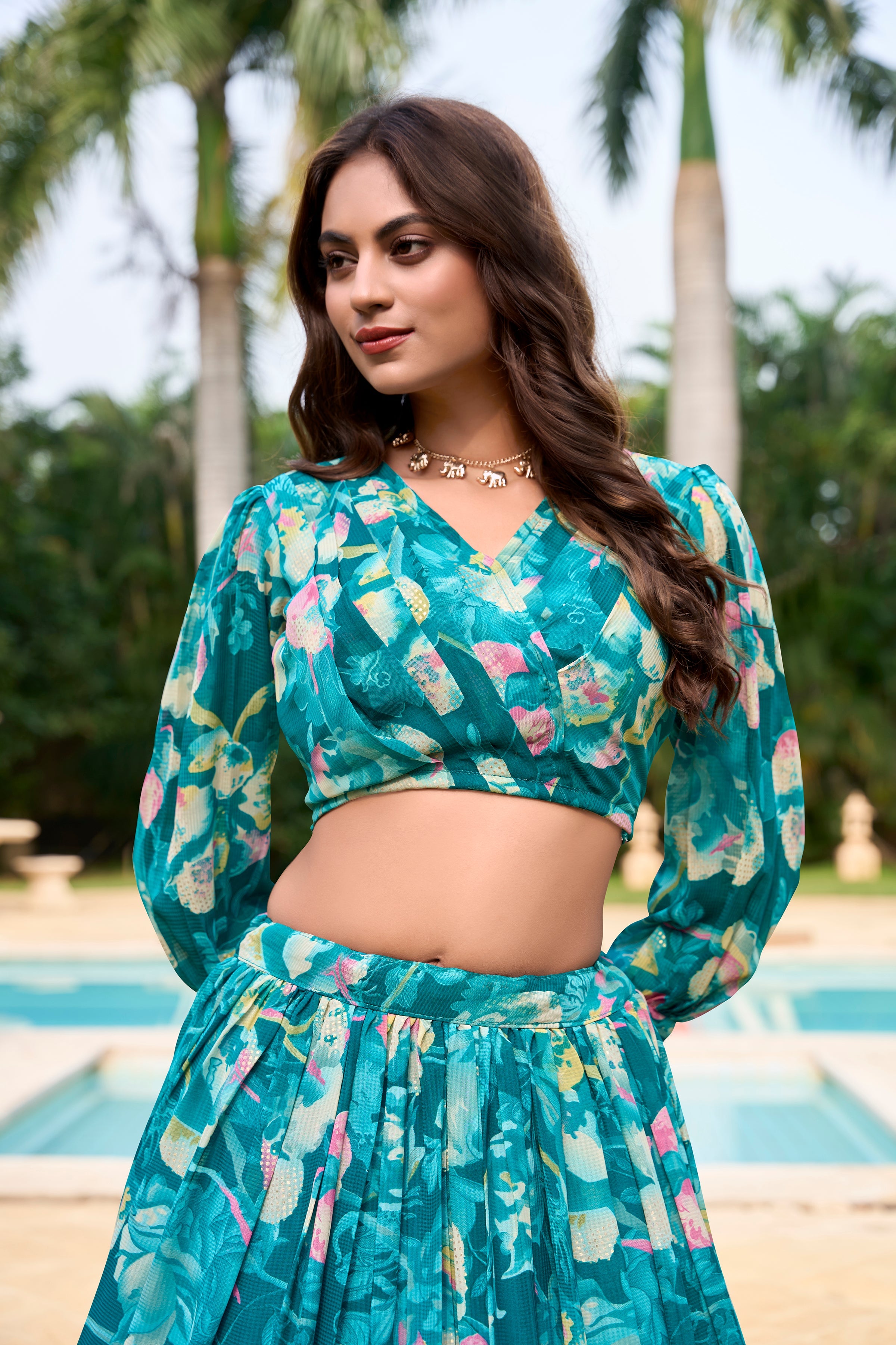 Lorenvalley Teal Georgette Chex beautiful Floral Print ethnic Co-ord Set | Grocsy