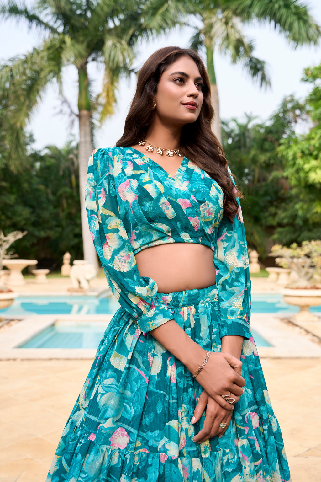 Lorenvalley Teal Georgette Chex beautiful Floral Print ethnic Co-ord Set | Grocsy