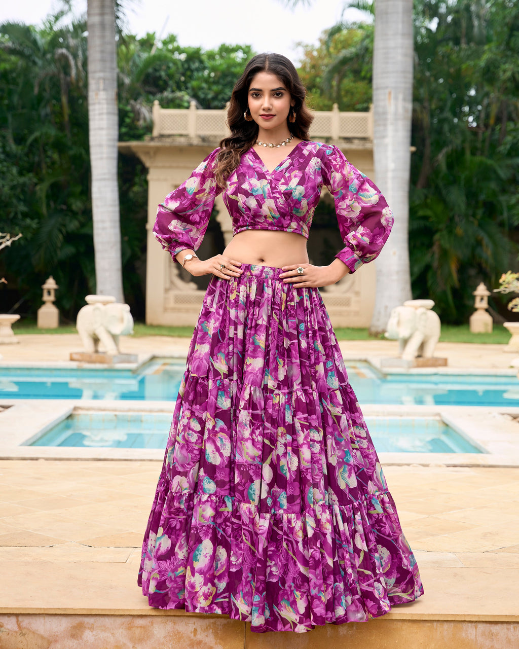 Lorenvalley Wine Georgette Chex beautiful Floral Print ethnic Co-ord Set | Grocsy