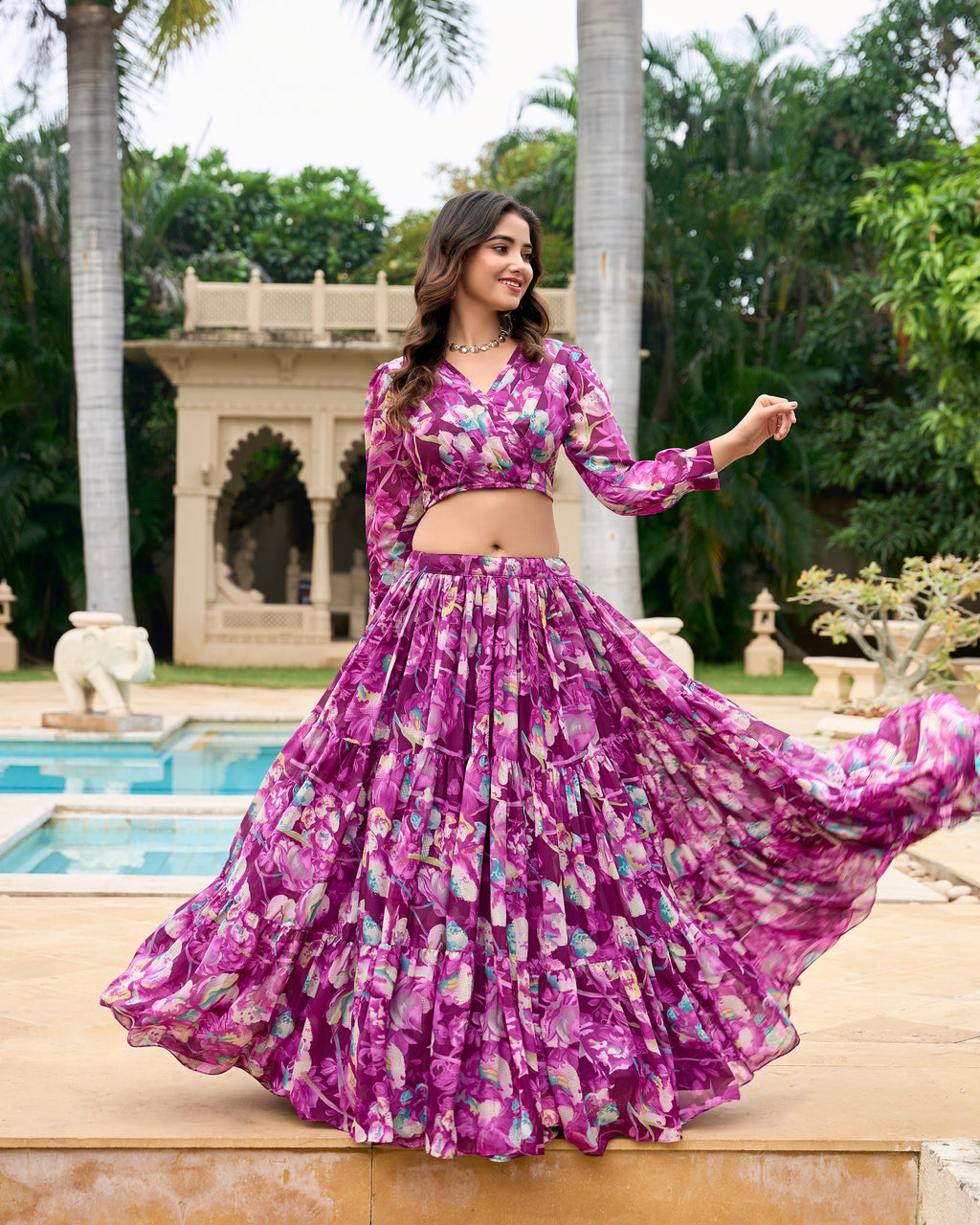 Lorenvalley Wine Georgette Chex beautiful Floral Print ethnic Co-ord Set | Grocsy
