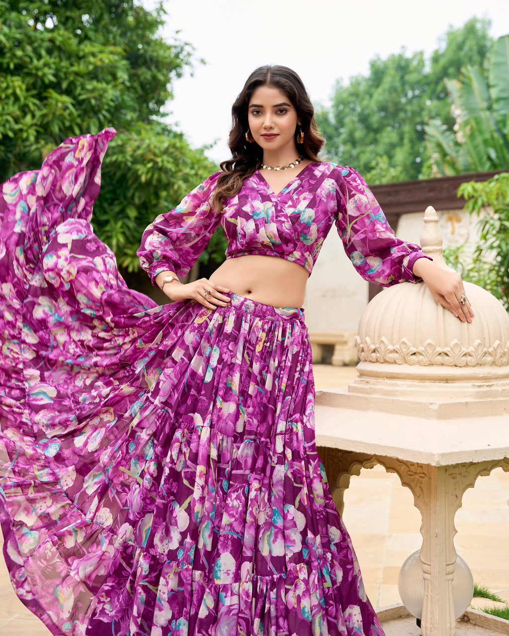 Lorenvalley Wine Georgette Chex beautiful Floral Print ethnic Co-ord Set | Grocsy