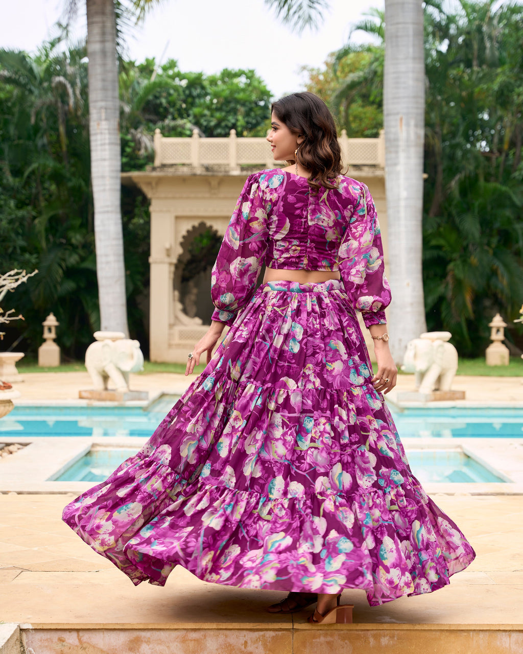 Lorenvalley Wine Georgette Chex beautiful Floral Print ethnic Co-ord Set | Grocsy