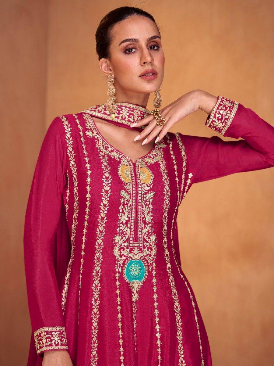 Lorenvalley Magenta Chinon Embroidery With Sequince Work Salwar Kameez Stitched | Grocsy