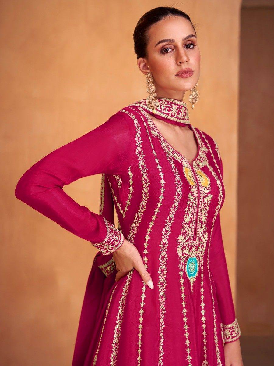 Lorenvalley Magenta Chinon Embroidery With Sequince Work Salwar Kameez Stitched | Grocsy