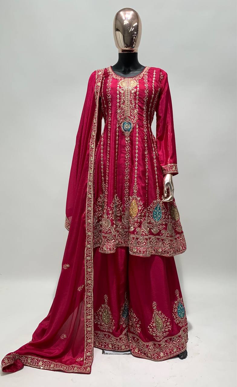 Lorenvalley Magenta Chinon Embroidery With Sequince Work Salwar Kameez Stitched | Grocsy