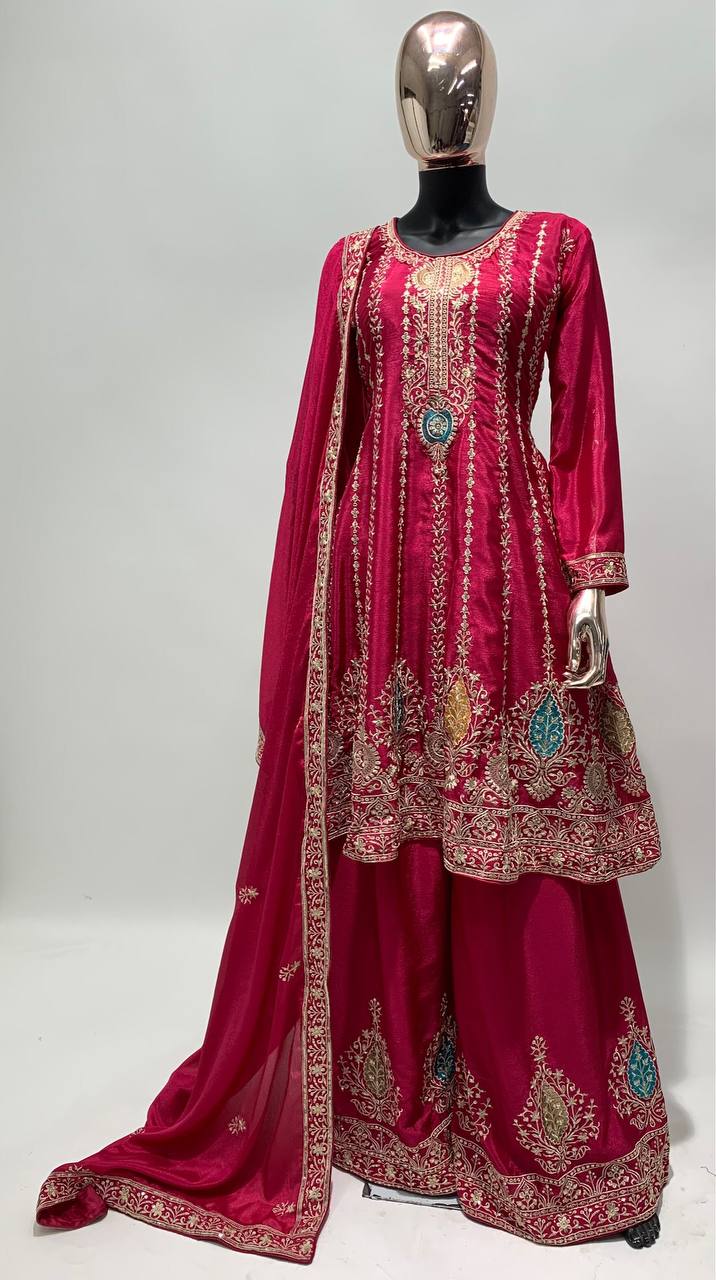 Lorenvalley Magenta Chinon Embroidery With Sequince Work Salwar Kameez Stitched | Grocsy
