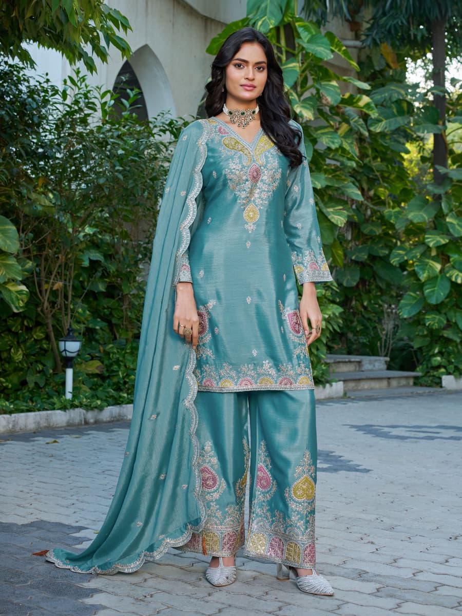 Anaita Sky Blue Chinon Stitched Plazzo Suit With Dhaga & Sequence Work | Grocsy