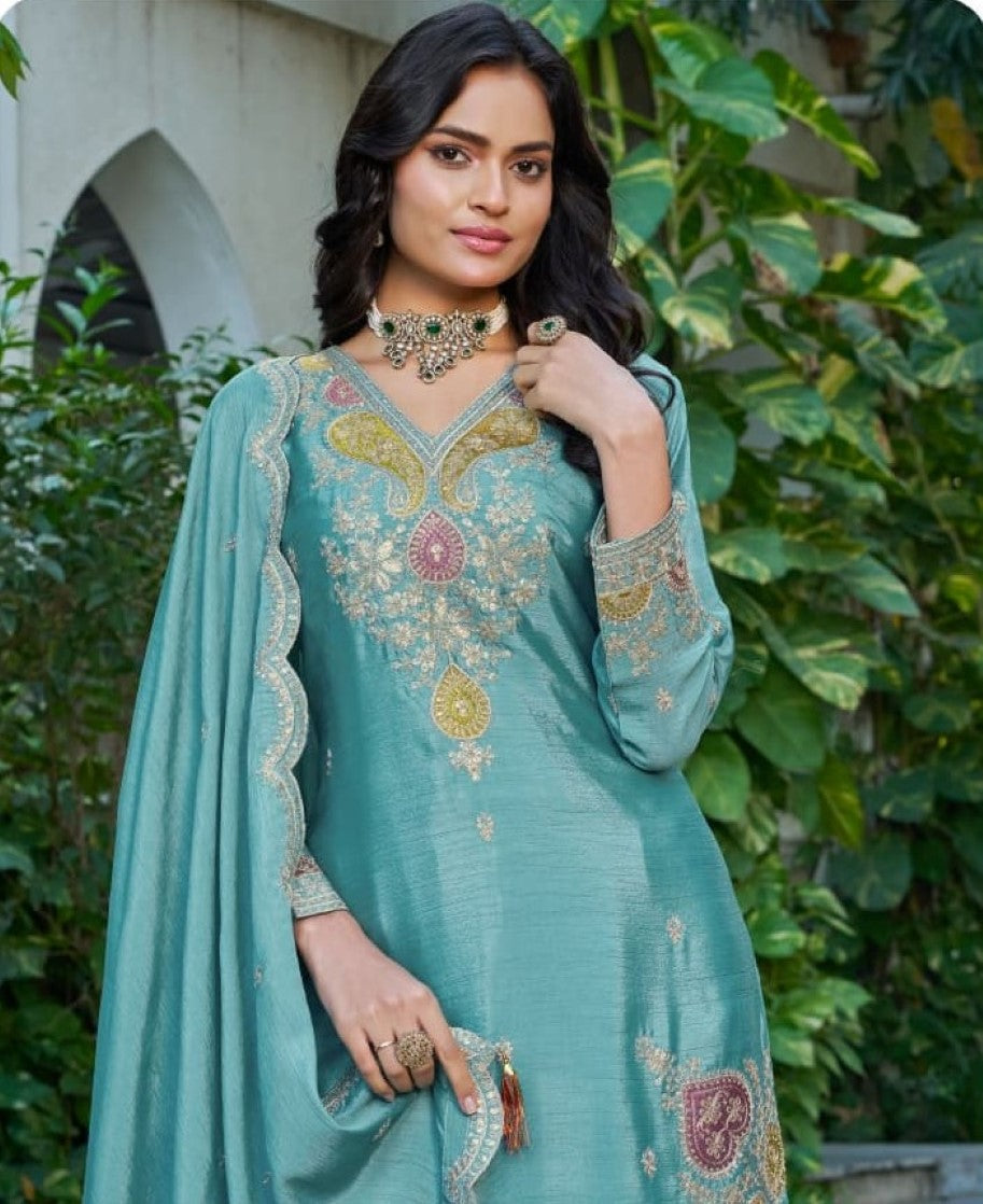 Anaita Sky Blue Chinon Stitched Plazzo Suit With Dhaga & Sequence Work | Grocsy