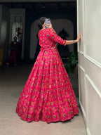 Lorenvalley Pink Tussar Silk Floral Print With Gota Patti Touch Up ethnic Co-ord Set | Grocsy