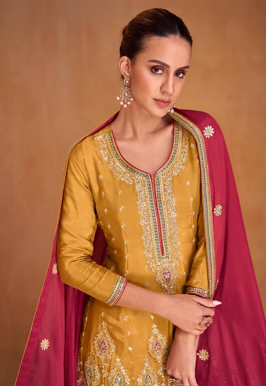 Lorenvalley Yellow Chinon Embroidery With Sequince Work Salwar Kameez Stitched | Grocsy